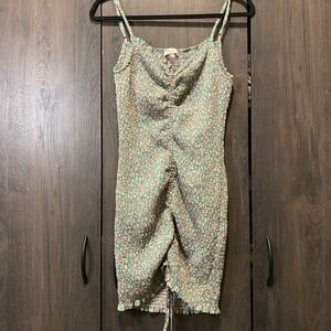 Blush B Floral Smocked Mini Dress green Peach Ruched Front Drawstring sz Large